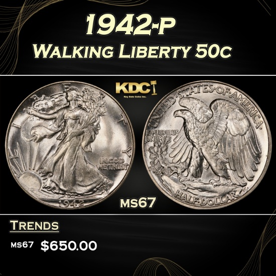 1942-p Walking Liberty Half Dollar 50c ms67 SEGS