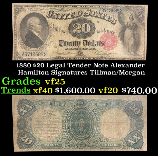 1880 $20 Legal Tender Note Alexander Hamilton Grades vf+ Signatures Tillman/Morgan