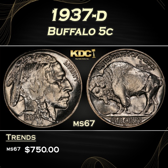 1937-d Buffalo Nickel 5c ms67 SEGS