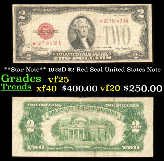 **Star Note** 1928D $2 Red Seal United States Note Grades vf+