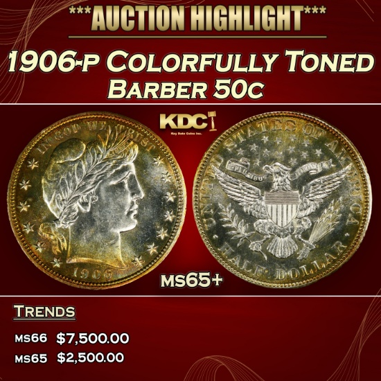 1906-p Barber Half Dollars Colorfully Toned 50c ms65+ SEGS