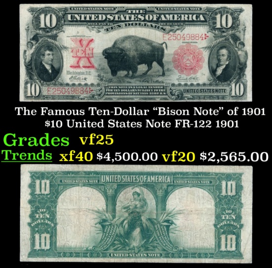 The $10 United States Note Famous Ten-Dollar "Bison Note" of 1901 FR-122 Grades vf+ 1901