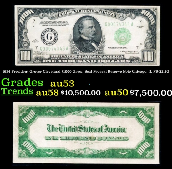 1934 $1000 Green Seal Federal Reserve Note President Grover Cleveland Chicago, IL Grades Select AU F