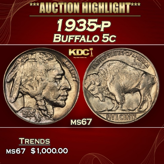 1935-p Buffalo Nickel 5c ms67 SEGS