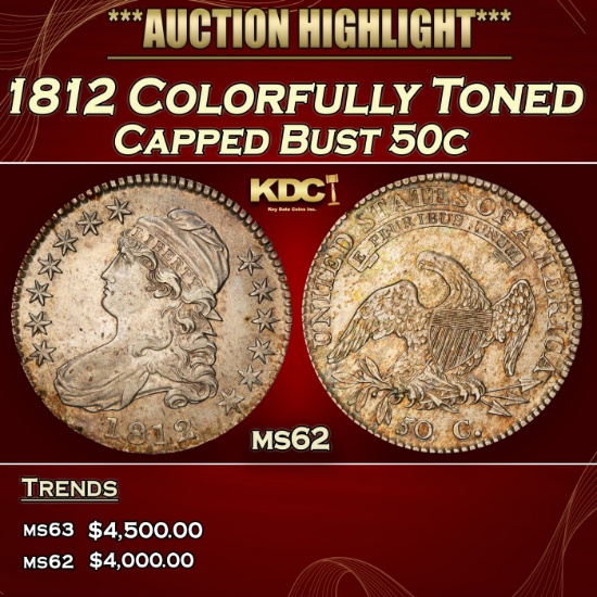 1812 Capped Bust Half Dollar Colorfully Toned 50c ms62 USCG