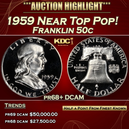 1959 Proof Franklin Half Dollar Near Top Pop! 50c pr68+ DCAM SEGS