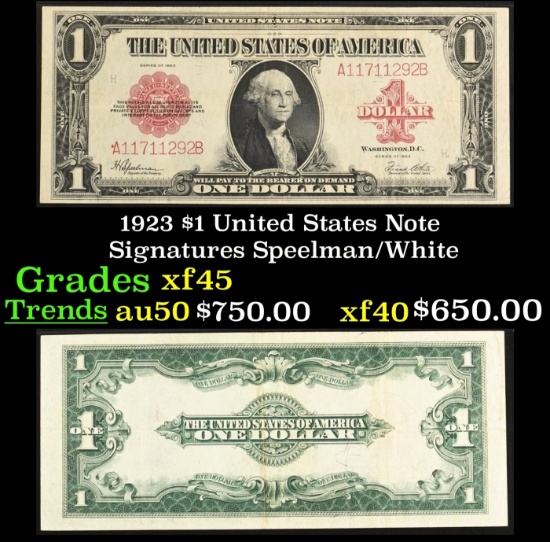 1923 $1 United States Note Grades xf+ Signatures Speelman/White