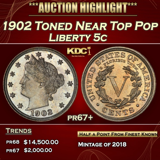 1902 Proof Liberty Nickel Toned Near Top Pop 5c pr67+ SEGS