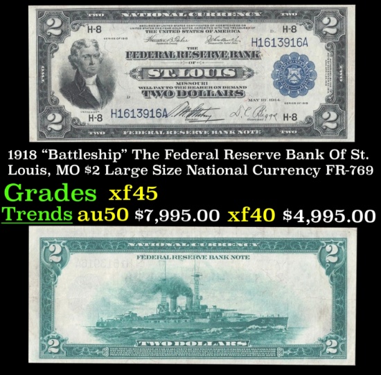 1918 $2 Large Size National Currency "Battleship" The Federal Reserve Bank Of St. Louis, MO Grades x