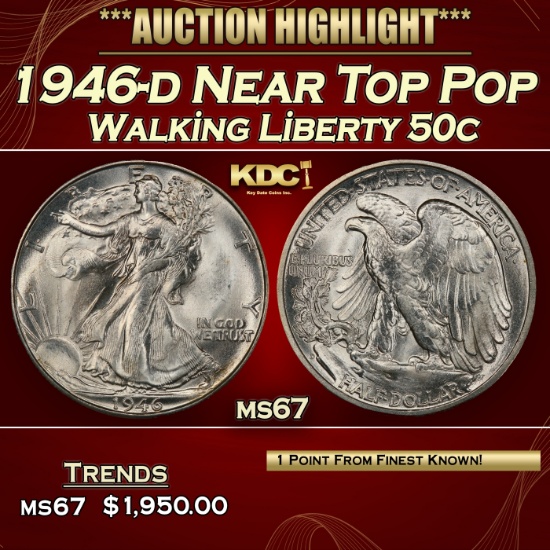 1946-d Walking Liberty Half Dollar Near Top Pop 50c ms67 SEGS