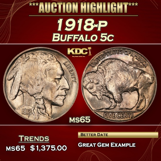 1918-p Buffalo Nickel 5c ms65 SEGS