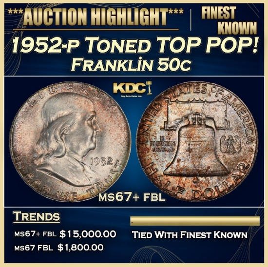 1952-p Franklin Half Dollar Toned TOP POP! 50c ms67+ fbl SEGS