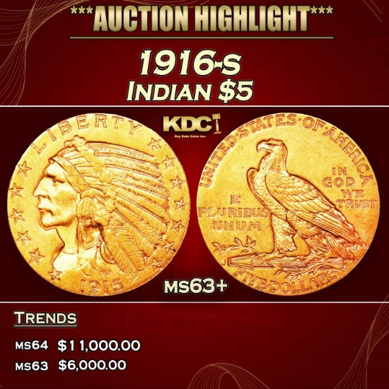 1916-s Gold Indian Half Eagle $5 Select+ Unc USCG