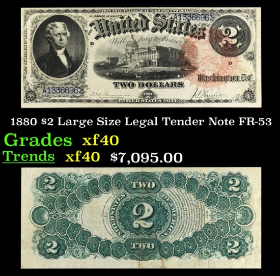 1880 $2 Large Size Legal Tender Note Grades xf FR-53