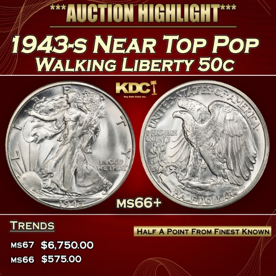 1943-s Walking Liberty Half Dollar Near Top Pop 50c ms66+ SEGS