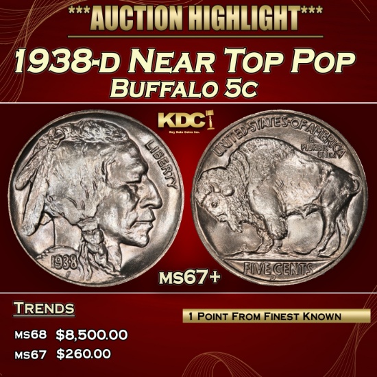 1938-d Buffalo Nickel Near Top Pop 5c ms67+ SEGS