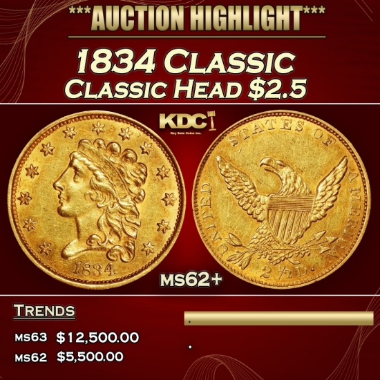 1834 Classic Classic Head Quarter Eagle Gold $2 1/2 ms62+ USCG