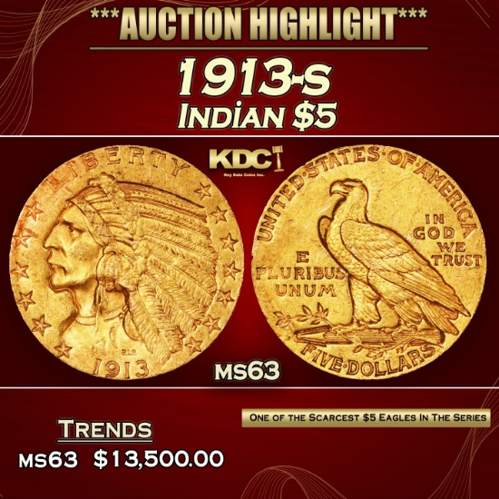 1913-s Gold Indian Half Eagle $5 Select Unc USCG