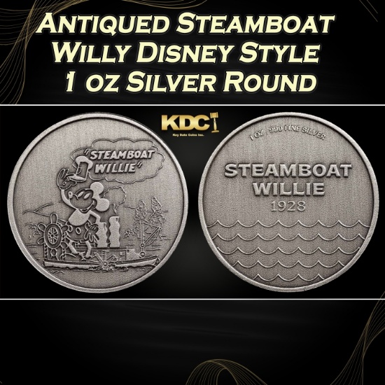 Antiqued Steamboat Willy Disney Style - 1 oz Silver Round Round