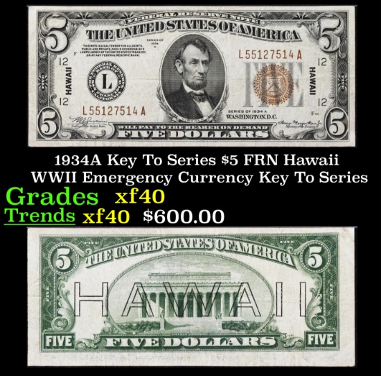 1934A $5 FRN Hawaii WWII Emergency Currency Key To Series Key To Series Grades xf
