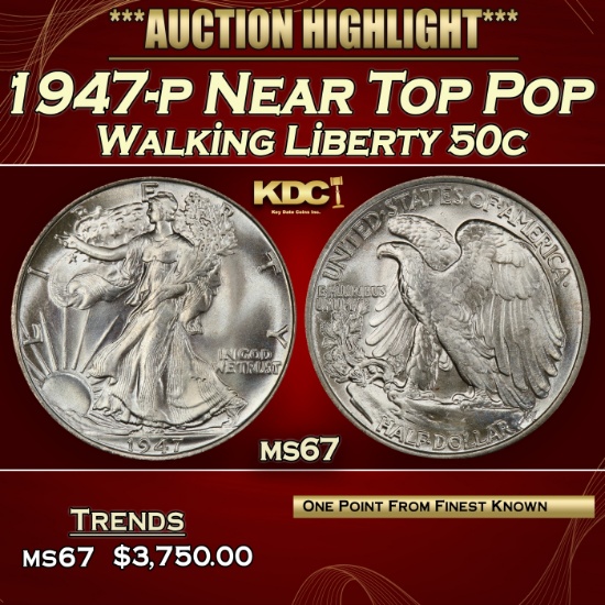 1947-p Walking Liberty Half Dollar Near Top Pop 50c ms67 SEGS