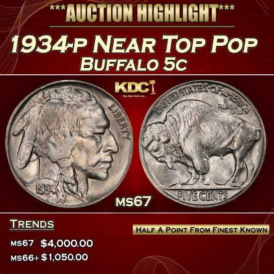 1934-p Buffalo Nickel Near Top Pop 5c ms67 SEGS
