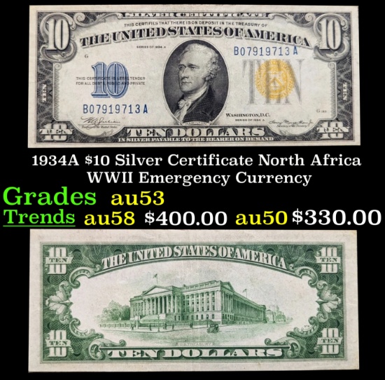 1934A $10 Silver Certificate North Africa WWII Emergency Currency Grades Select AU