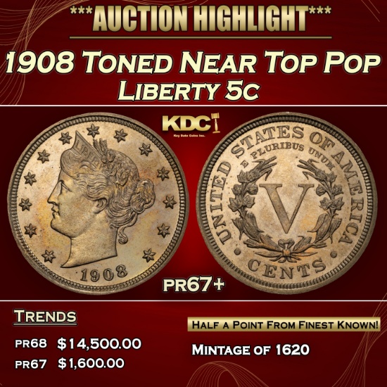 1908 Proof Liberty Nickel Toned Near Top Pop 5c pr67+ SEGS
