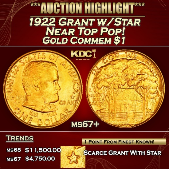 1922 Grant w/Star Gold Commem Dollar Near Top Pop! 1 ms67+ SEGS
