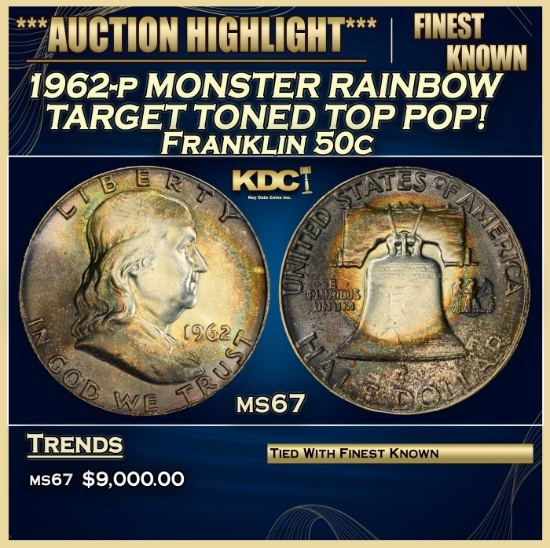 1962-p Franklin Half Dollar MONSTER RAINBOW TARGET TONED TOP POP! 50c ms67 SEGS