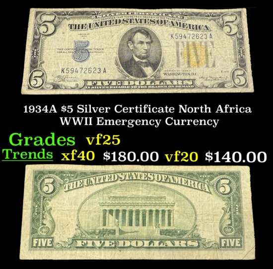 1934A $5 Silver Certificate North Africa WWII Emergency Currency Grades vf+