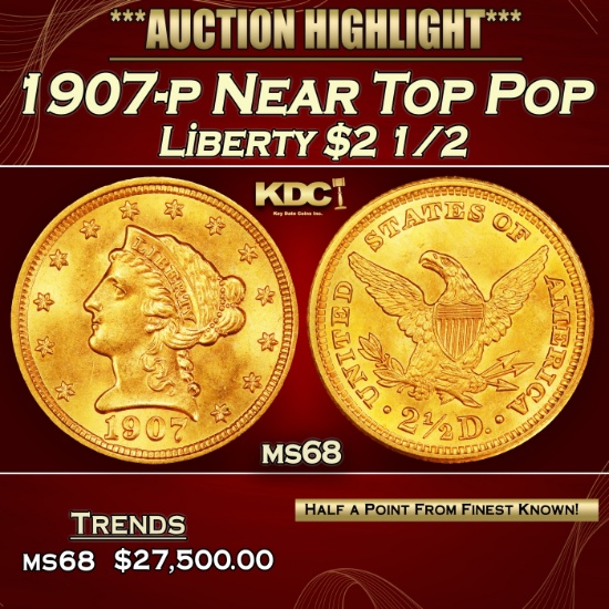 1907-p Gold Liberty Quarter Eagle Near Top Pop $2 1/2 ms68 SEGS