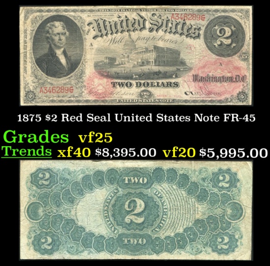1875 $2 Red Seal United States Note Grades vf+ FR-45