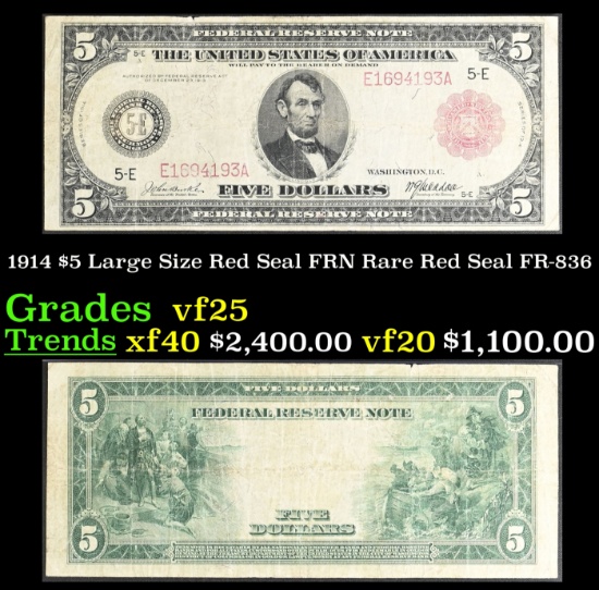 1914 $5 Large Size Red Seal FRN Rare Red Seal Grades vf+ FR-836