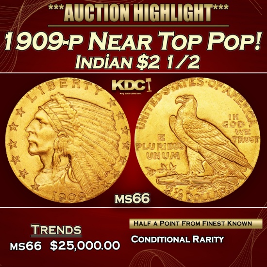 1909-p Gold Indian Quarter Eagle Near Top Pop! $2 1/2 GEM+ Unc USCG