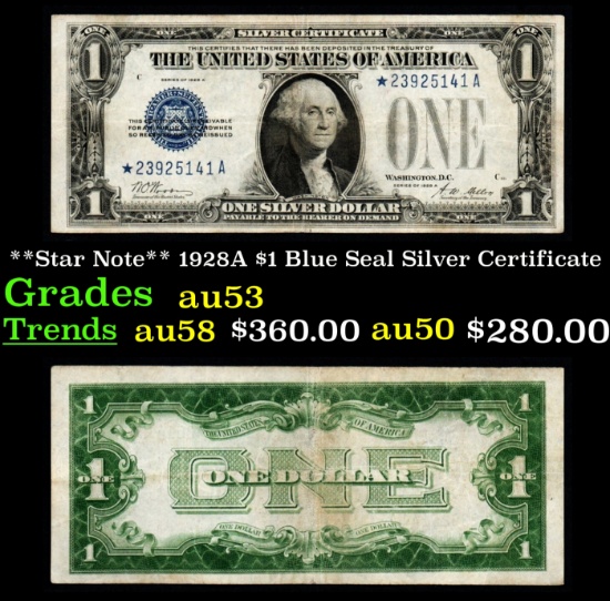 **Star Note** 1928A $1 Blue Seal Silver Certificate Grades Select AU