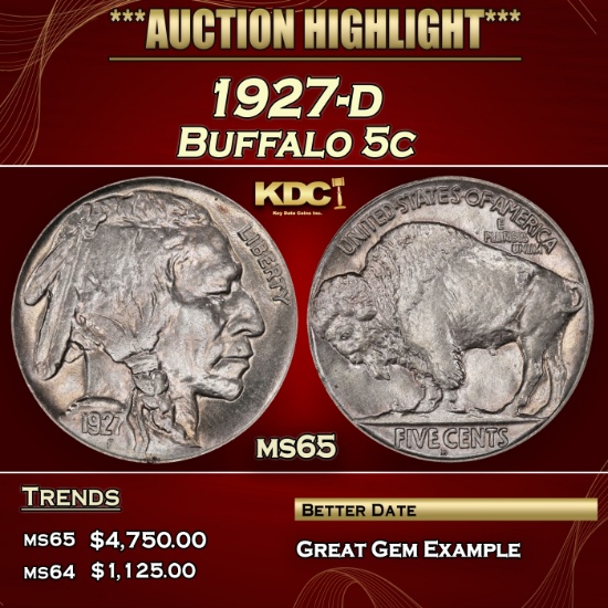 1927-d Buffalo Nickel 5c ms65 SEGS