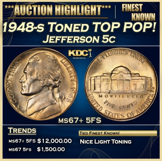 1948-s Jefferson Nickel Toned TOP POP! 5c ms67+ 5FS SEGS