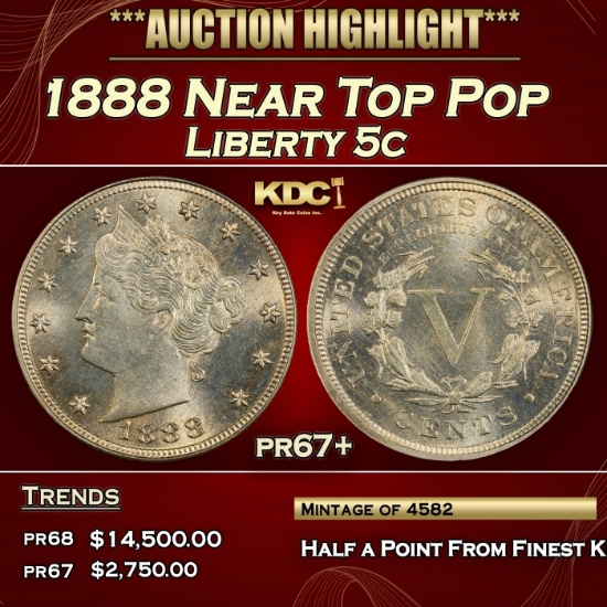 1888 Proof Liberty Nickel Near Top Pop 5c pr67+ SEGS