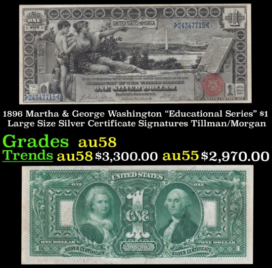 1896 $1 large size Silver Certificate Martha & George Washington "Educational Series" Grades Choice
