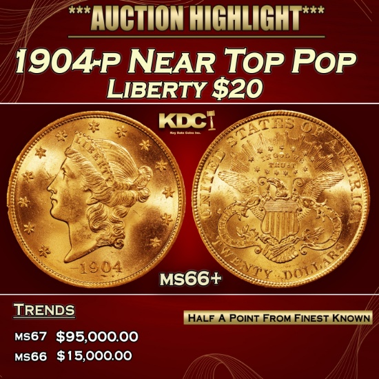 1904-p Gold Liberty Double Eagle Near Top Pop $20 ms66+ SEGS