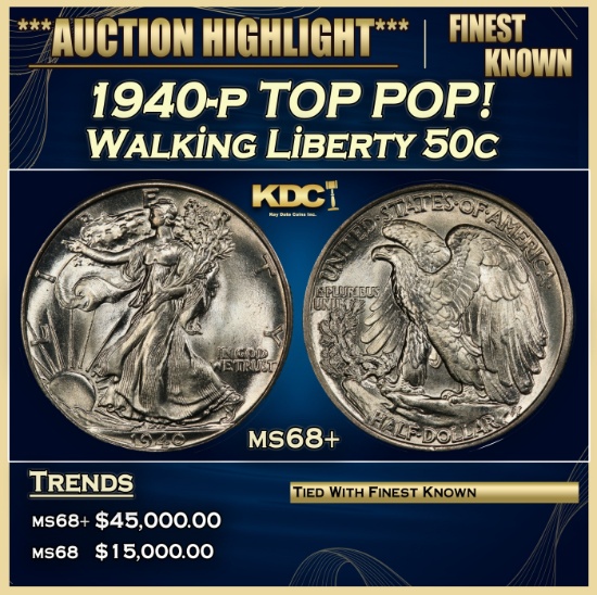 1940-p Walking Liberty Half Dollar TOP POP! 50c ms68+ SEGS