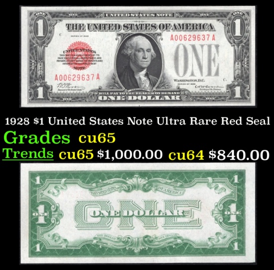 1928 $1 United States Note Ultra Rare Red Seal Grades Gem CU