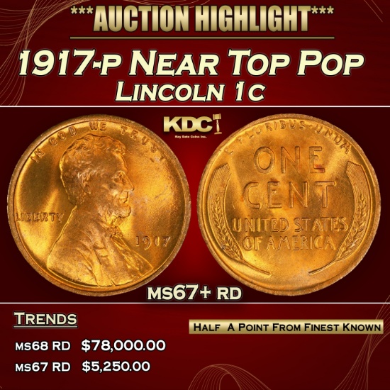1917-p Lincoln Cent Near Top Pop 1c ms67+ rd SEGS