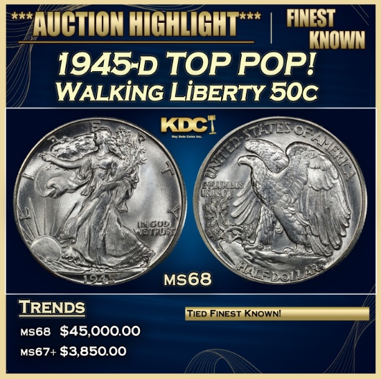 1945-d Walking Liberty Half Dollar TOP POP! 50c ms68 SEGS