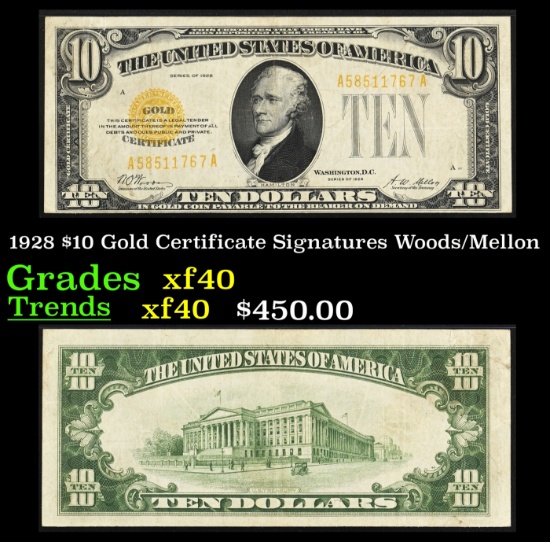 1928 $10 Gold Certificate Signatures Woods/Mellon Grades xf