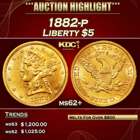 1882-p Gold Liberty Half Eagle $5 ms62+ USCG
