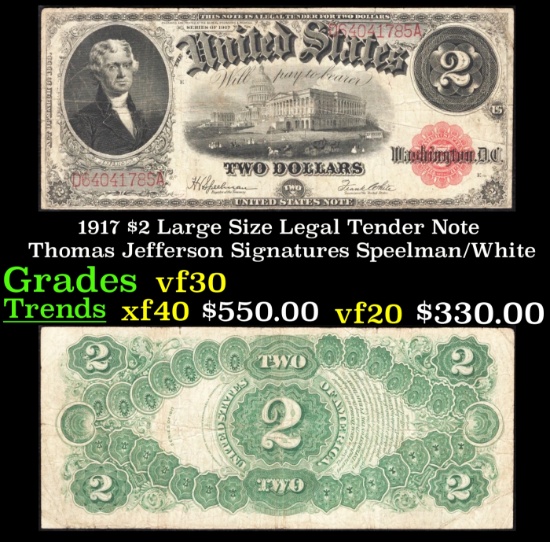 1917 $2 Large Size Legal Tender Note Thomas Jefferson Grades vf++ Signatures Speelman/White