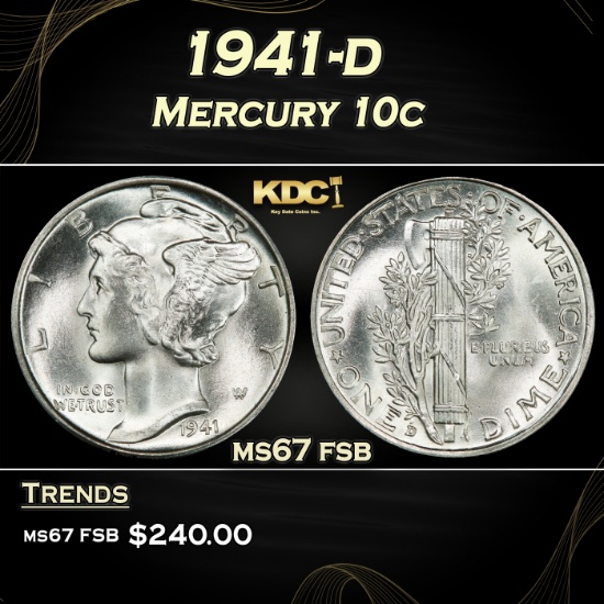 1941-d Mercury Dime 10c ms67 fsb SEGS