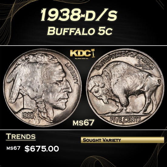 1938-d/s Buffalo Nickel 5c ms67 SEGS